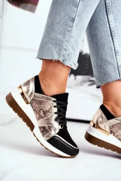 Damskie Boto Skórzane Sneakersy Na Koturnie Złote Nicole 2465