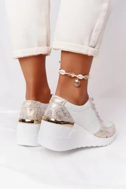 Damskie Damskie buty S.Barski Skórzane Sneakersy Na Koturnie S.Barski Biało-Złote