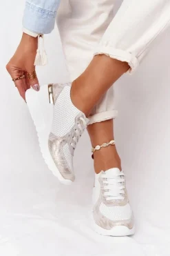 Damskie Damskie buty S.Barski Skórzane Sneakersy Na Koturnie S.Barski Biało-Złote