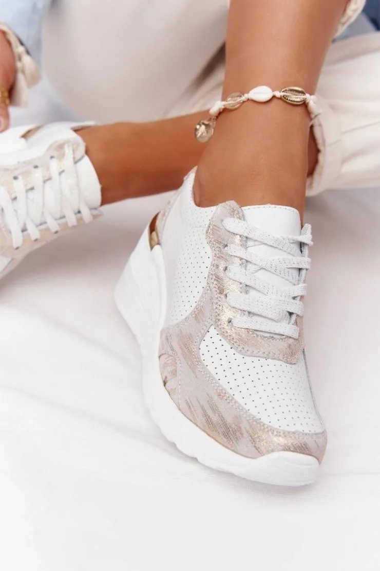 Damskie Damskie buty S.Barski Skórzane Sneakersy Na Koturnie S.Barski Biało-Złote