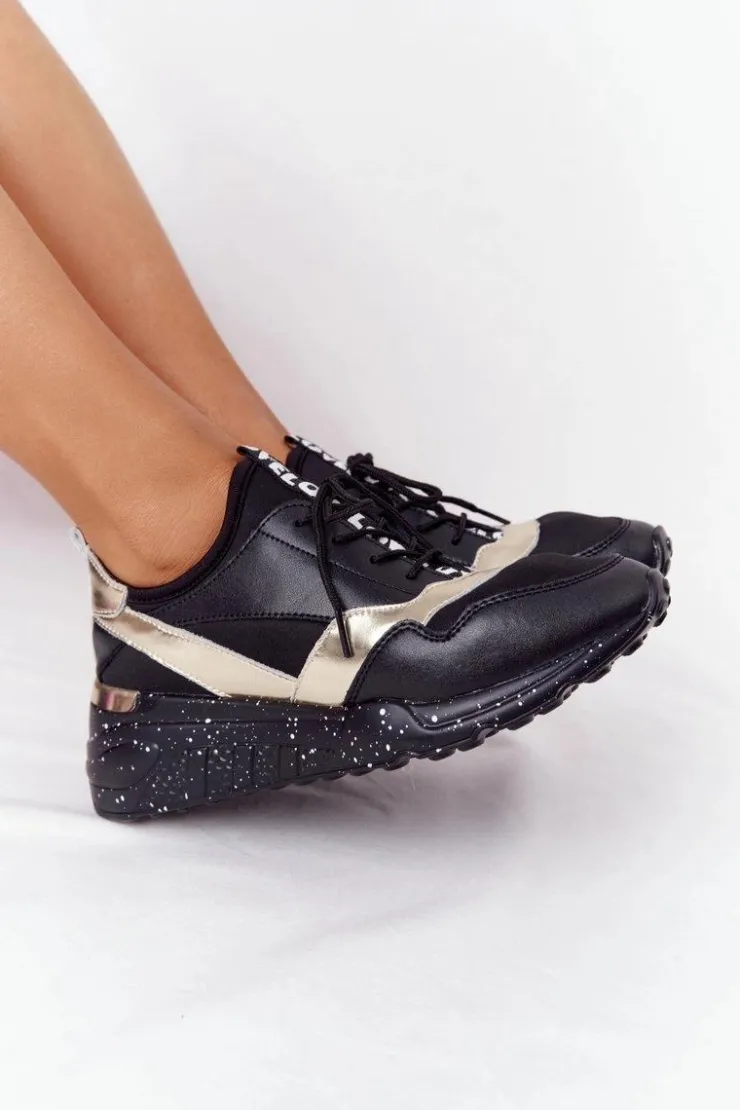 Best Damskie buty S.Barski Skórzane Sneakersy Na Koturnie S.Barski Czarno-Złote