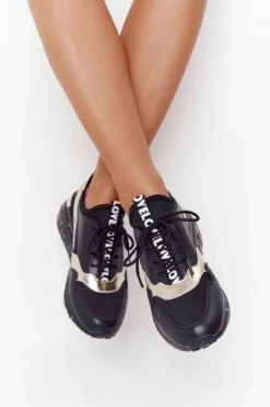 Best Damskie buty S.Barski Skórzane Sneakersy Na Koturnie S.Barski Czarno-Złote