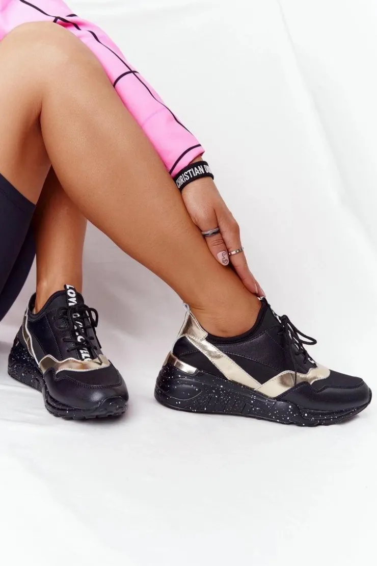 Best Damskie buty S.Barski Skórzane Sneakersy Na Koturnie S.Barski Czarno-Złote