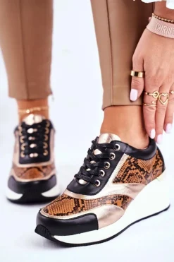 GOE Sneakersy Damskie|Botki Skórzane*Skórzane Sneakersy Na Koturnie GG2N3044 Czarne