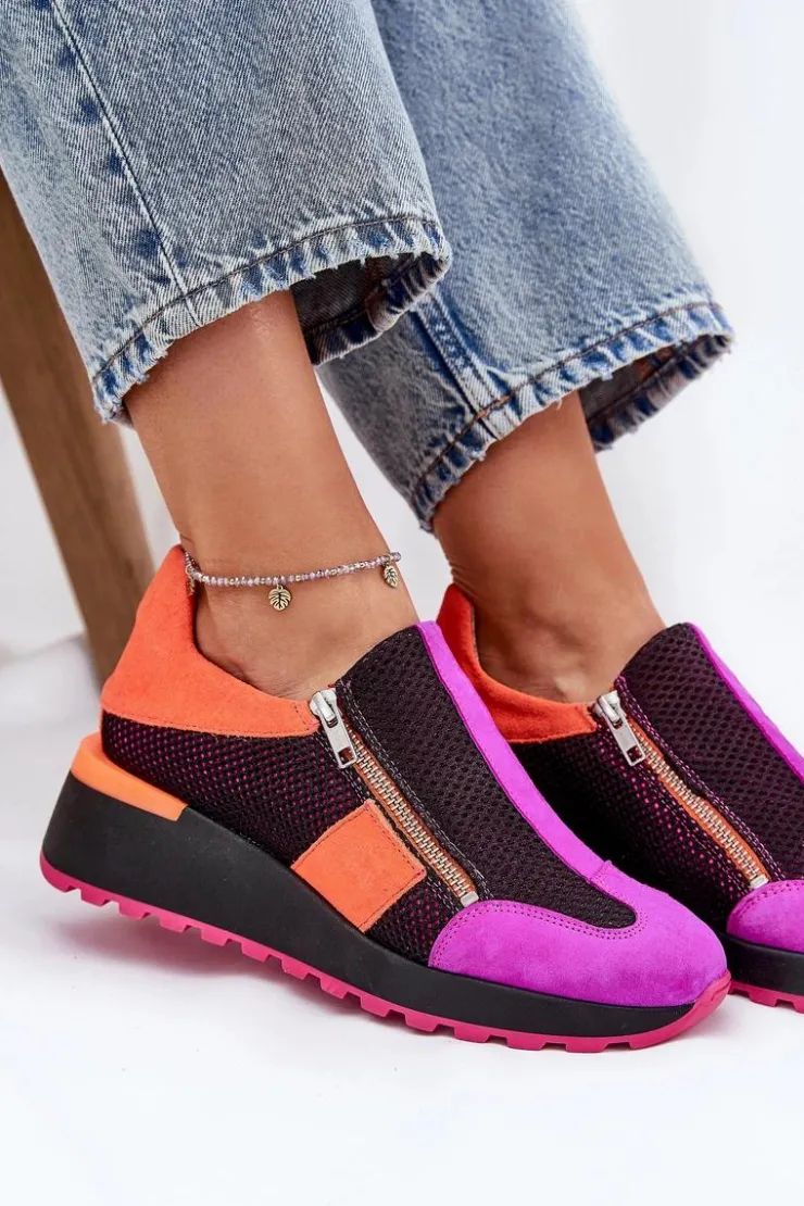 Damskie Maciejka Skórzane Sneakersy Na Koturnie 06853-15 Czarne