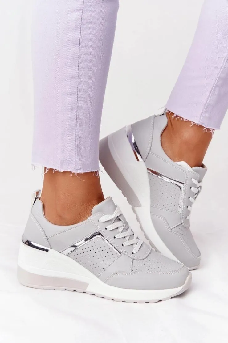 Damskie Damskie buty S.Barski Skórzane Sneakersy Na Koturnie S.Barski Szare