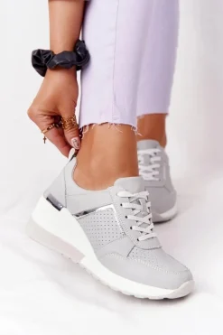 Damskie Damskie buty S.Barski Skórzane Sneakersy Na Koturnie S.Barski Szare