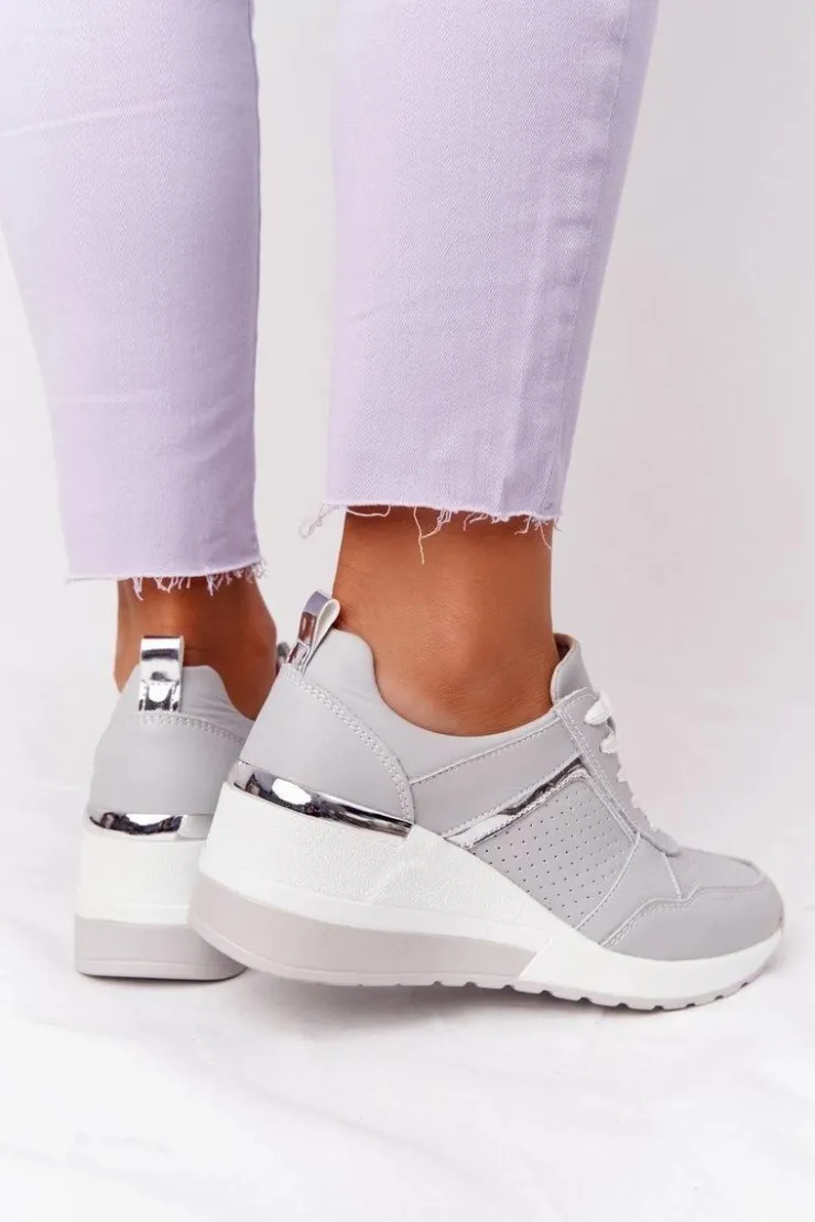 Damskie Damskie buty S.Barski Skórzane Sneakersy Na Koturnie S.Barski Szare