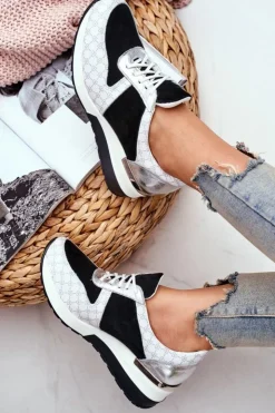 Boto Sneakersy Damskie*Skórzane Sneakersy Na Koturnie Biało-Czarne Nicole 2468