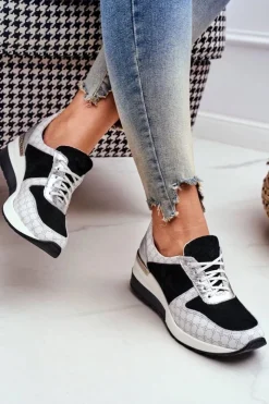 Boto Sneakersy Damskie*Skórzane Sneakersy Na Koturnie Biało-Czarne Nicole 2468