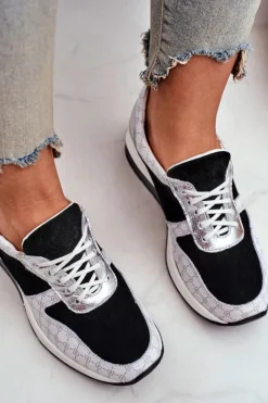 Boto Sneakersy Damskie*Skórzane Sneakersy Na Koturnie Biało-Czarne Nicole 2468