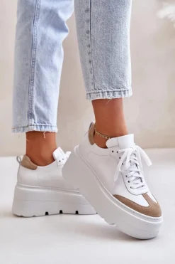 Hot Zazoo Skórzane Sneakersy Na Masywnej Platformie Lewski 3635/X Biało-Beżowe