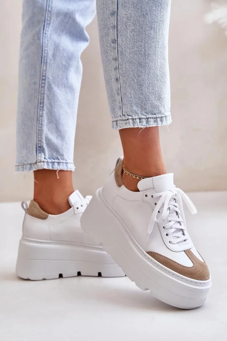 Hot Zazoo Skórzane Sneakersy Na Masywnej Platformie Lewski 3635/X Biało-Beżowe