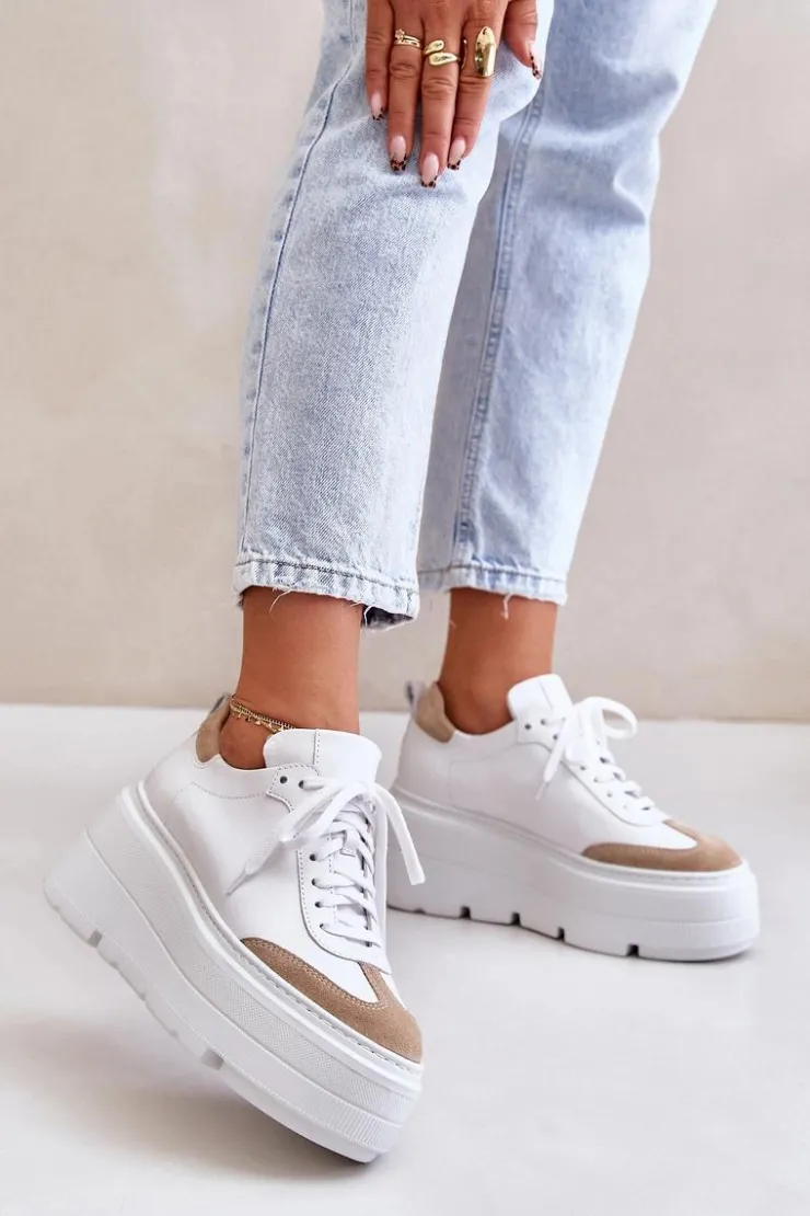 Hot Zazoo Skórzane Sneakersy Na Masywnej Platformie Lewski 3635/X Biało-Beżowe