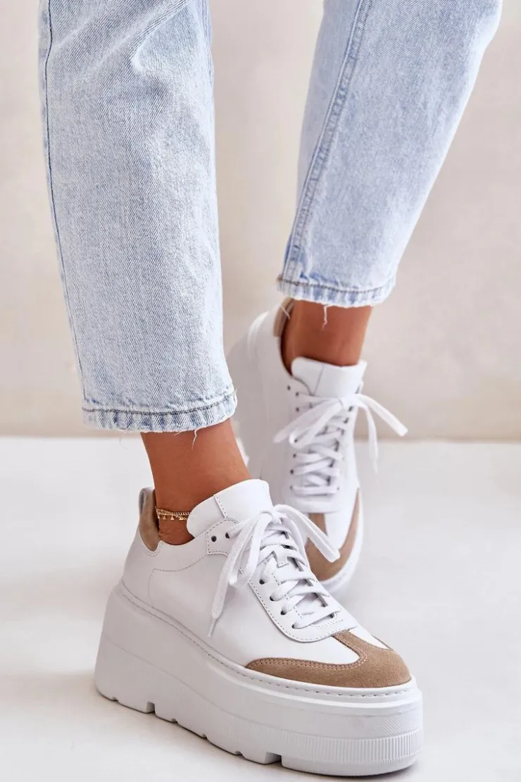 Hot Zazoo Skórzane Sneakersy Na Masywnej Platformie Lewski 3635/X Biało-Beżowe