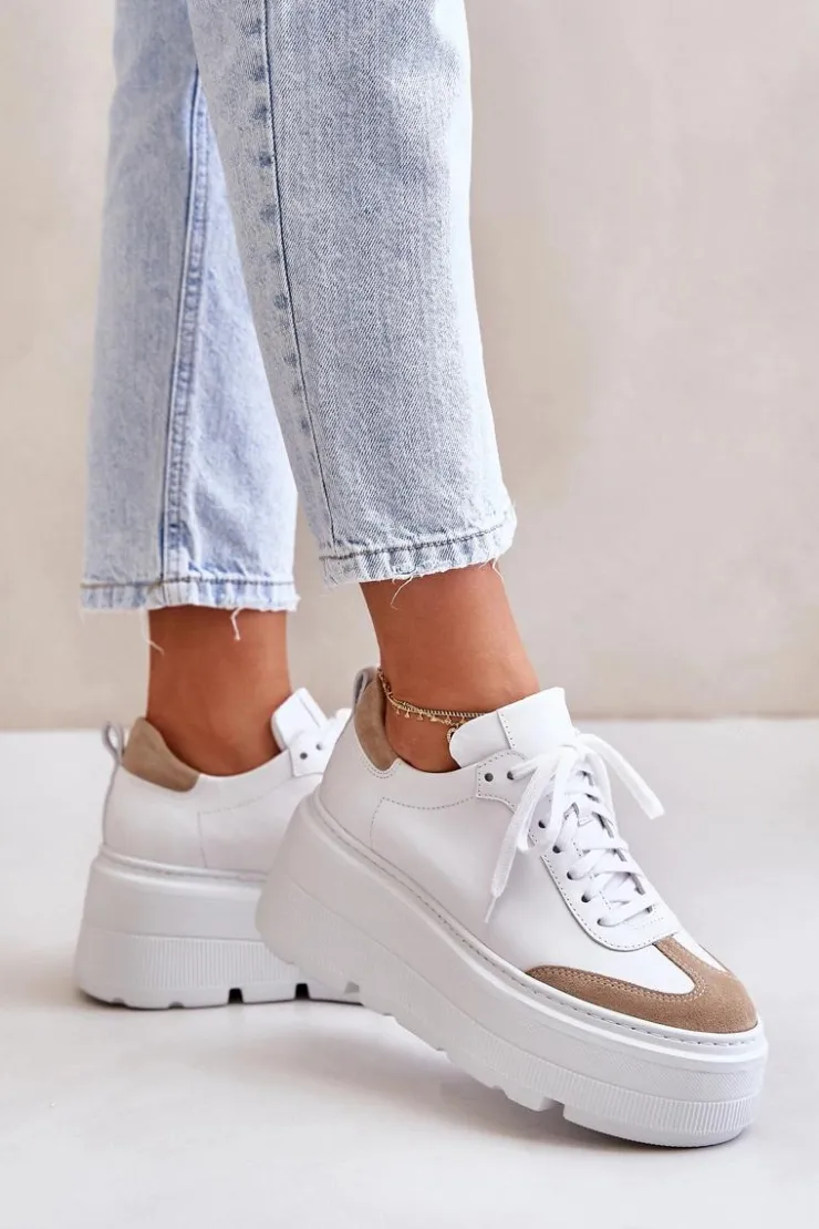 Hot Zazoo Skórzane Sneakersy Na Masywnej Platformie Lewski 3635/X Biało-Beżowe