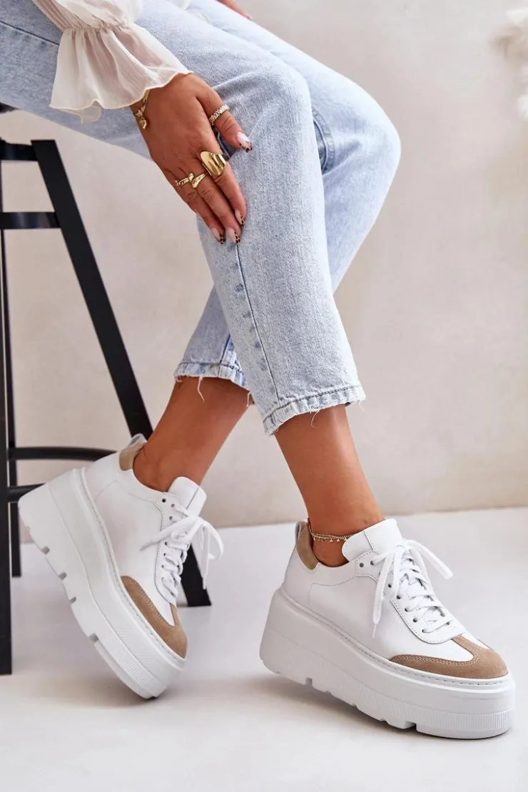 Hot Zazoo Skórzane Sneakersy Na Masywnej Platformie Lewski 3635/X Biało-Beżowe