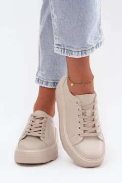 Evento Buty Sportowe Na Platformie*Skórzane Sneakersy Na Masywnej Platformie Beżowe Sylvessa