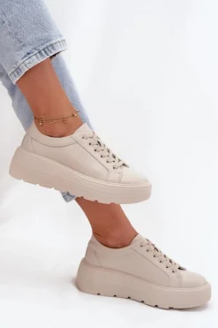 Evento Buty Sportowe Na Platformie*Skórzane Sneakersy Na Masywnej Platformie Beżowe Sylvessa