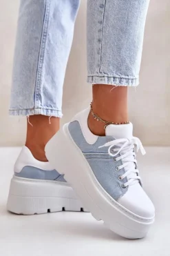Zazoo Sneakersy Damskie*Skórzane Sneakersy Na Masywnej Platformie Jeansowe Lewski 3586 Białe