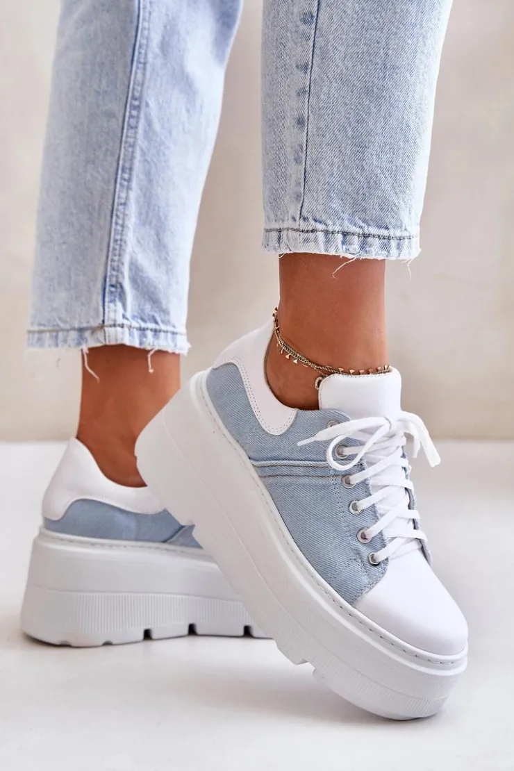 Zazoo Sneakersy Damskie*Skórzane Sneakersy Na Masywnej Platformie Jeansowe Lewski 3586 Białe