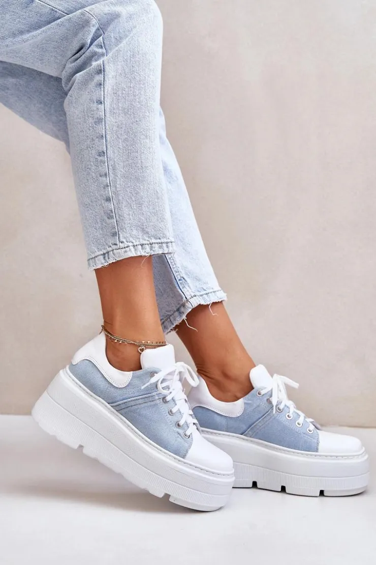 Zazoo Sneakersy Damskie*Skórzane Sneakersy Na Masywnej Platformie Jeansowe Lewski 3586 Białe
