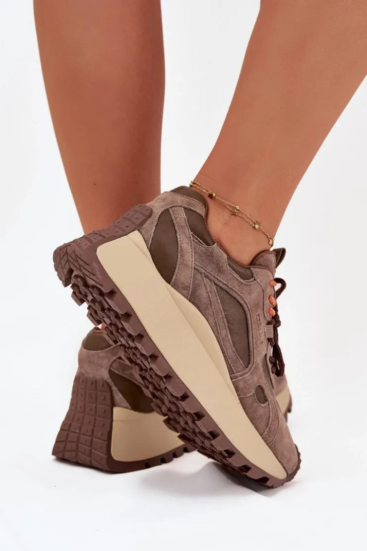 New Big Star Shoes Skórzane Sneakersy Na Platformie Damskie Big Star SS274627 HI-POLY SYSTEM Beżowe Beżowy