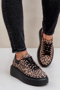 Outlet Zazoo Skórzane Sneakersy Na Platformie W Panterkę 3346 Brązowo-Czarne
