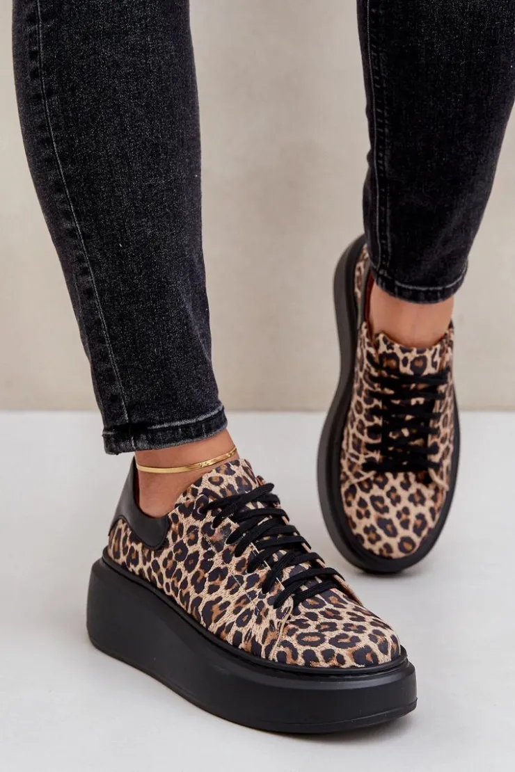Outlet Zazoo Skórzane Sneakersy Na Platformie W Panterkę 3346 Brązowo-Czarne