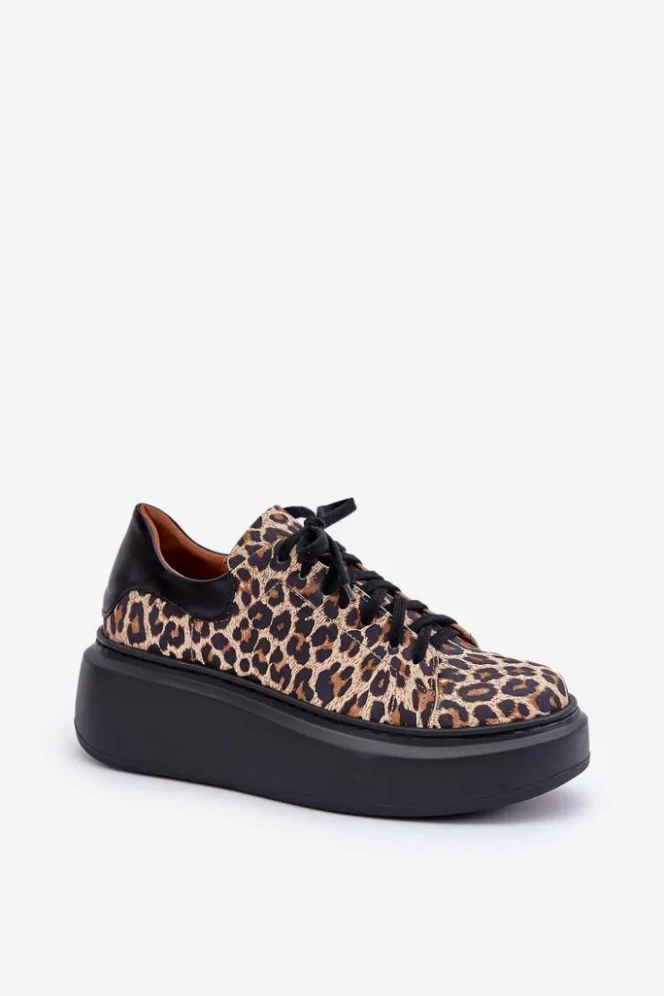 Outlet Zazoo Skórzane Sneakersy Na Platformie W Panterkę 3346 Brązowo-Czarne