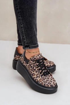 Outlet Zazoo Skórzane Sneakersy Na Platformie W Panterkę 3346 Brązowo-Czarne