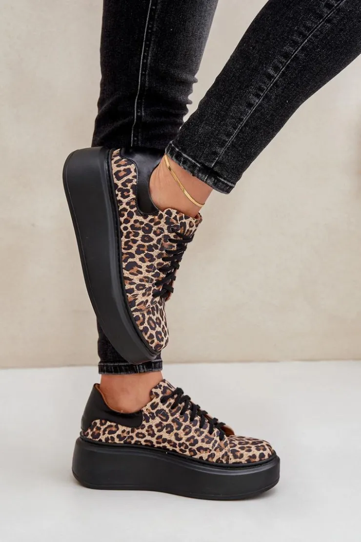 Outlet Zazoo Skórzane Sneakersy Na Platformie W Panterkę 3346 Brązowo-Czarne