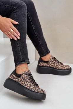 Outlet Zazoo Skórzane Sneakersy Na Platformie W Panterkę 3346 Brązowo-Czarne