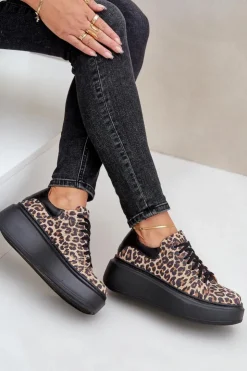 Outlet Zazoo Skórzane Sneakersy Na Platformie W Panterkę 3346 Brązowo-Czarne