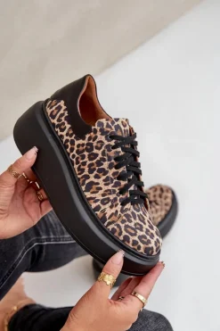 Outlet Zazoo Skórzane Sneakersy Na Platformie W Panterkę 3346 Brązowo-Czarne