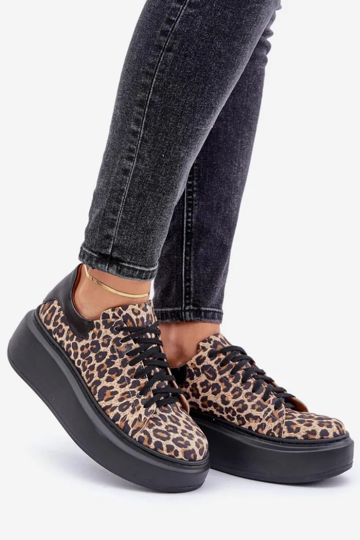 Outlet Zazoo Skórzane Sneakersy Na Platformie W Panterkę 3346 Brązowo-Czarne