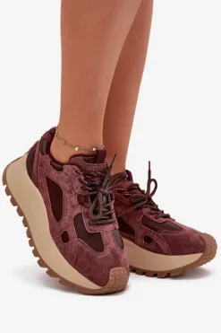 Big Star Shoes Buty Sportowe Big Star|Sneakersy Damskie*Skórzane Sneakersy Na Platformie Damskie Big Star SS274625 HI-POLY SYSTEM Bordowe Czerwony