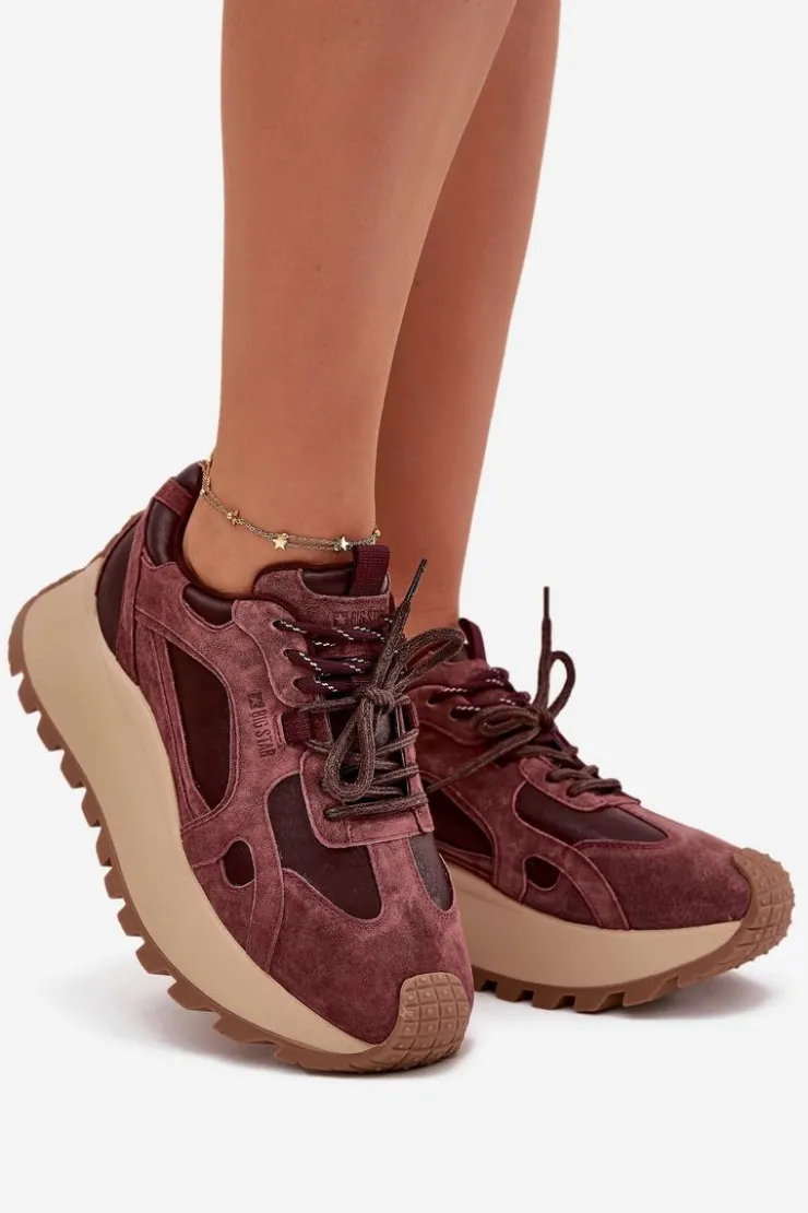 Big Star Shoes Buty Sportowe Big Star|Sneakersy Damskie*Skórzane Sneakersy Na Platformie Damskie Big Star SS274625 HI-POLY SYSTEM Bordowe Czerwony