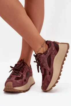 Big Star Shoes Buty Sportowe Big Star|Sneakersy Damskie*Skórzane Sneakersy Na Platformie Damskie Big Star SS274625 HI-POLY SYSTEM Bordowe Czerwony