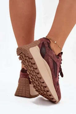 Big Star Shoes Buty Sportowe Big Star|Sneakersy Damskie*Skórzane Sneakersy Na Platformie Damskie Big Star SS274625 HI-POLY SYSTEM Bordowe Czerwony