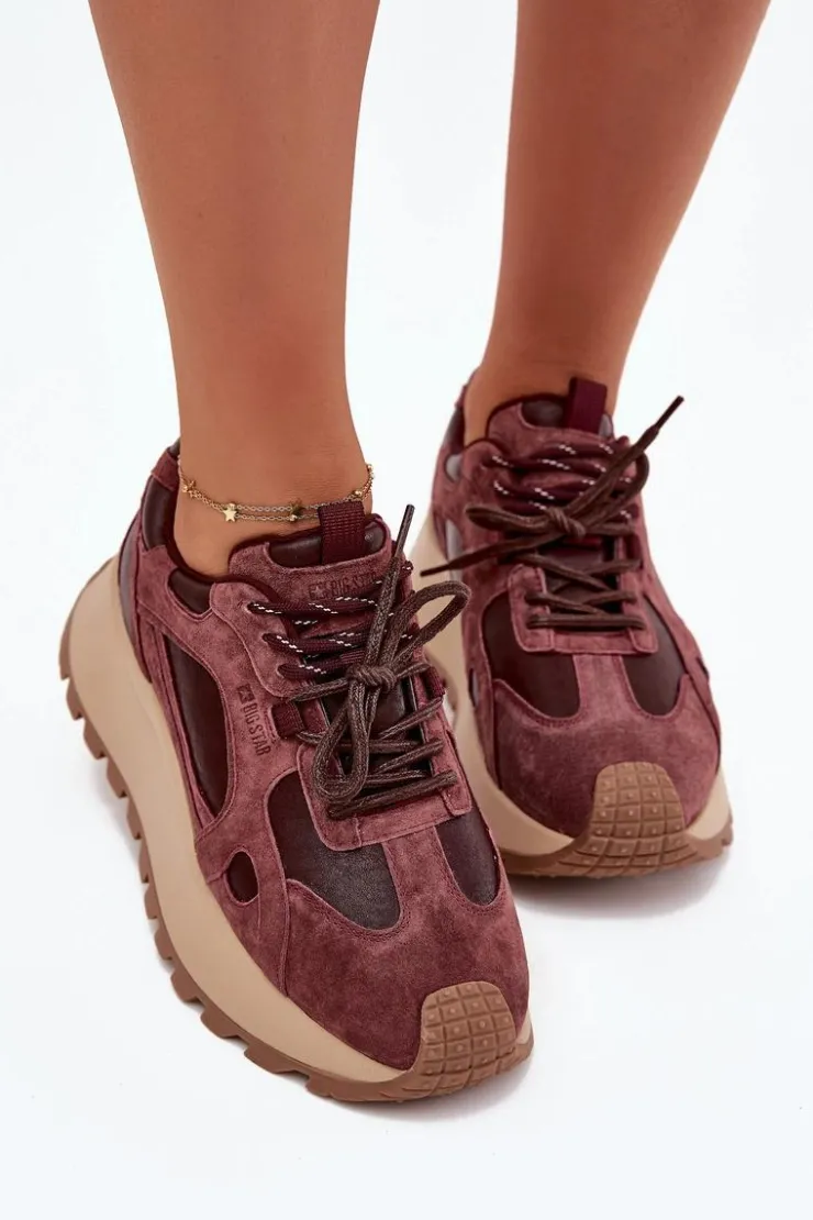 Big Star Shoes Buty Sportowe Big Star|Sneakersy Damskie*Skórzane Sneakersy Na Platformie Damskie Big Star SS274625 HI-POLY SYSTEM Bordowe Czerwony