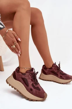 Big Star Shoes Buty Sportowe Big Star|Sneakersy Damskie*Skórzane Sneakersy Na Platformie Damskie Big Star SS274625 HI-POLY SYSTEM Bordowe Czerwony