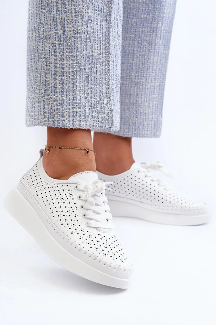 Damskie buty S.Barski Sneakersy Damskie*Skórzane Sneakersy Na Platformie S.Barski LR278 Białe