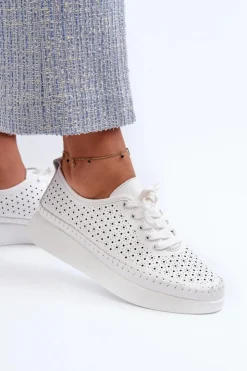 Damskie buty S.Barski Sneakersy Damskie*Skórzane Sneakersy Na Platformie S.Barski LR278 Białe