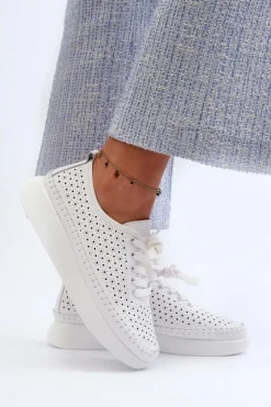 Damskie buty S.Barski Sneakersy Damskie*Skórzane Sneakersy Na Platformie S.Barski LR278 Białe