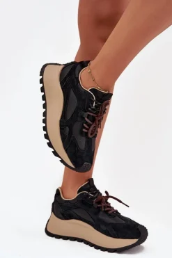 Damskie Big Star Shoes Skórzane Sneakersy Na Platformie Damskie Big Star SS274628 HI-POLY SYSTEM Czarne