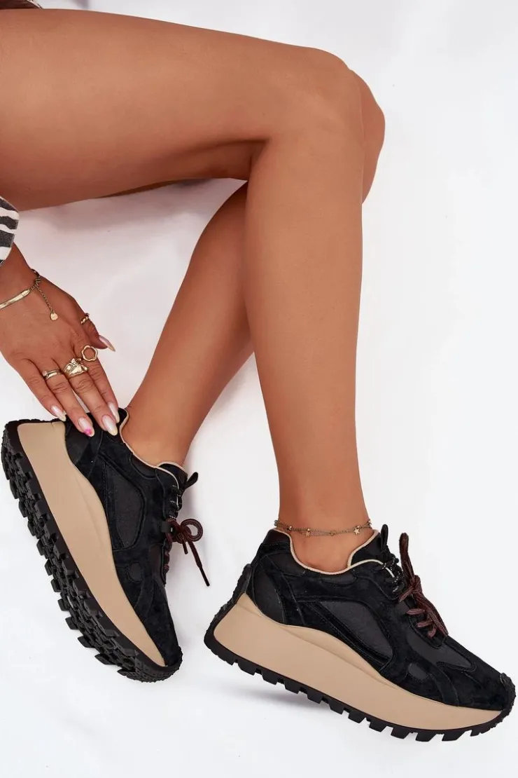 Damskie Big Star Shoes Skórzane Sneakersy Na Platformie Damskie Big Star SS274628 HI-POLY SYSTEM Czarne