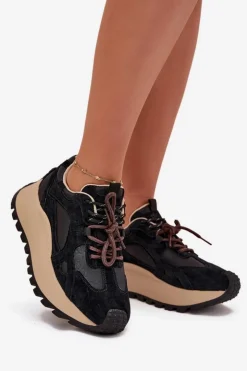 Damskie Big Star Shoes Skórzane Sneakersy Na Platformie Damskie Big Star SS274628 HI-POLY SYSTEM Czarne