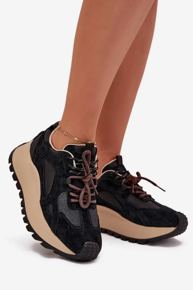 Damskie Big Star Shoes Skórzane Sneakersy Na Platformie Damskie Big Star SS274628 HI-POLY SYSTEM Czarne