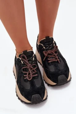 Damskie Big Star Shoes Skórzane Sneakersy Na Platformie Damskie Big Star SS274628 HI-POLY SYSTEM Czarne